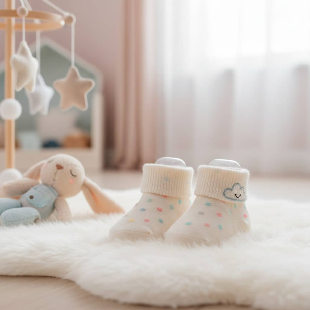 Beyaz tüylü bir halı üzerinde üzerinde bulut deseni bulunan bebek çorapları ve yanında peluş bir tavşan oyuncağı duruyor.