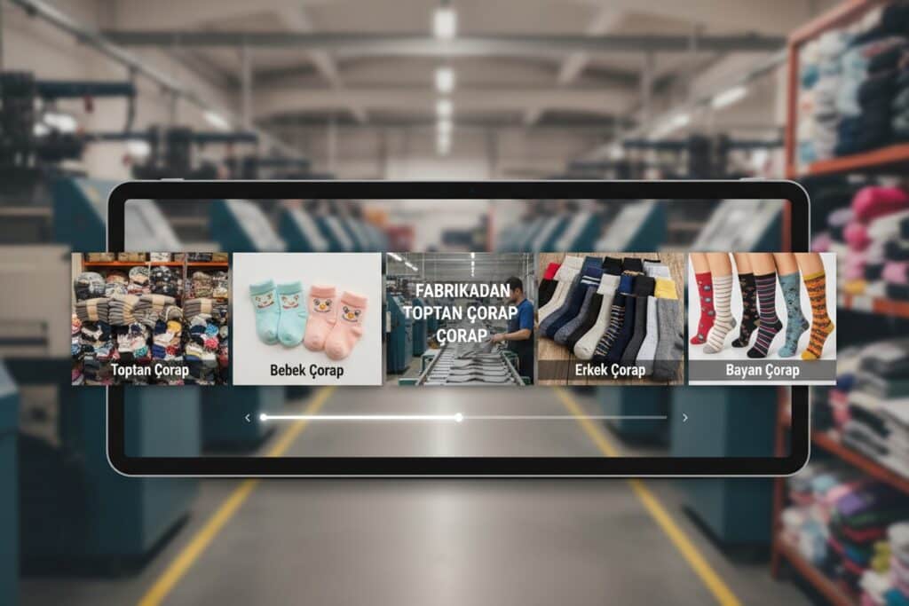 Bulanık bir fabrika arka planı üzerinde toptan, bebek, erkek ve bayan çorap kategorilerini gösteren bir web sitesi arayüzü.