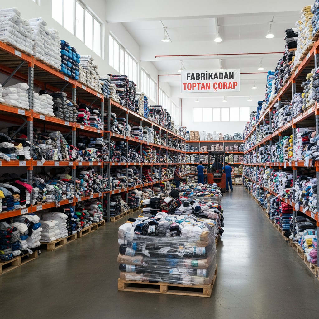 Rafları çorap paketleriyle dolu geniş bir depo içerisinde forklift kullanan çalışanlar ve ortada palet üzerinde duran ürünler görülüyor.