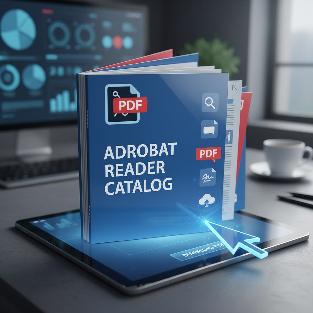 Masa üzerindeki bir tabletin üzerinde duran ve üzerinde "ADROBAT READER CATALOG" yazan dijital bir PDF kataloğu.